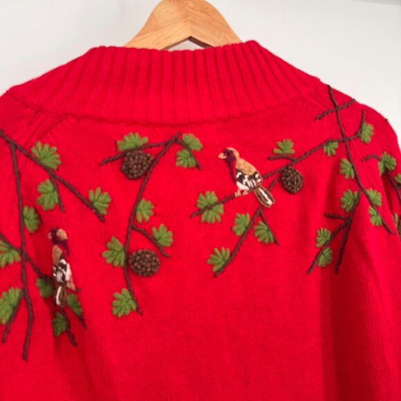 Coldwater Creek size 1X Red Embroidered Bird Cardigan Sweater zip Cotton - Picture 9 of 9